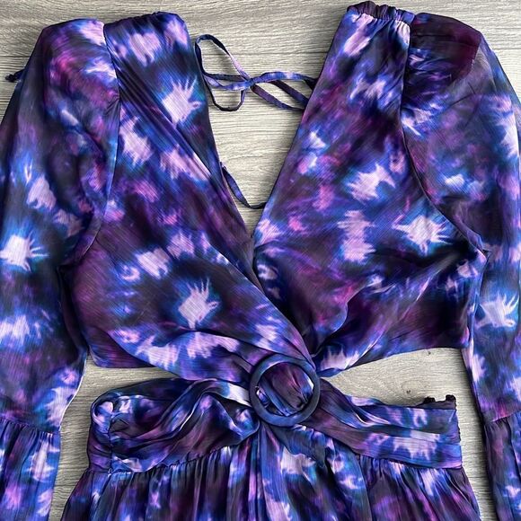ShopBop RAHI Leila Cut Out Midi Dress Front Slit Chiffon Purple Tie Dye Small - Picture 4 of 12
